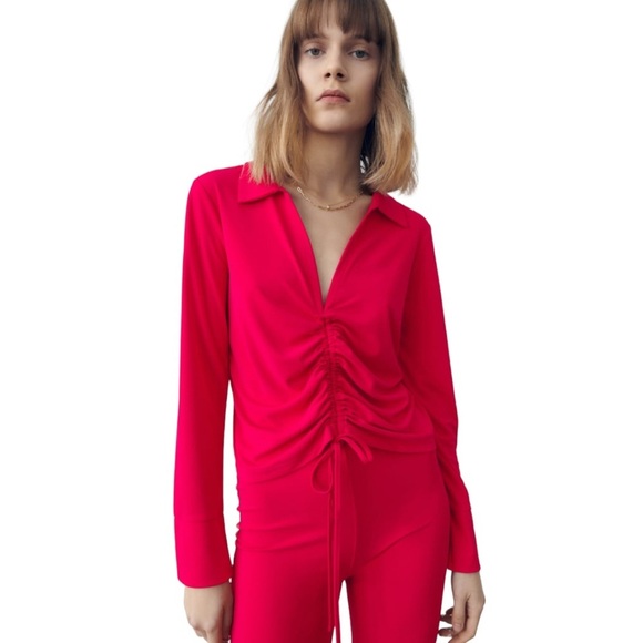 Zara Womans Size L Top V Neck Hot Pink Gathered Long Sleeve Collar ruched shirt - Picture 3 of 15
